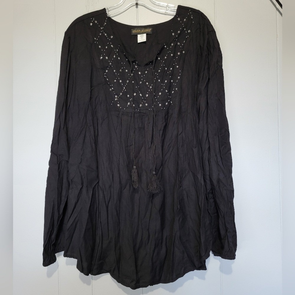 Salon Studio Black Rayon‎ Beaded Tassel Peasant Blouse Top XX BLY